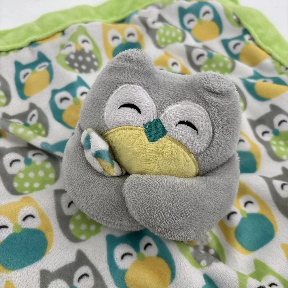 Carters Gray Owl Plush Velour Lovey Security Blanket Green Yellow 14